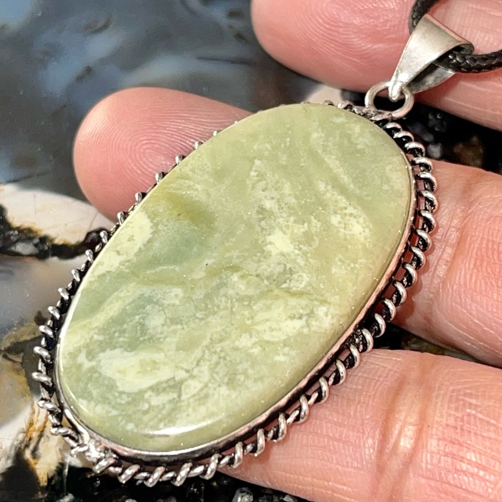 Petrified Wood Green Larsonite Pendant 2 1/4”